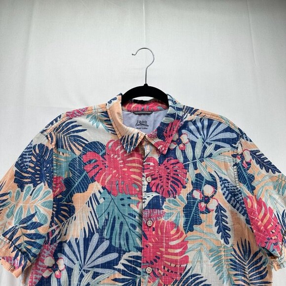 IZOD Shirt Mens Size L Saltwater Tropical Button Down Camp Cotton Blue Red - Picture 3 of 10